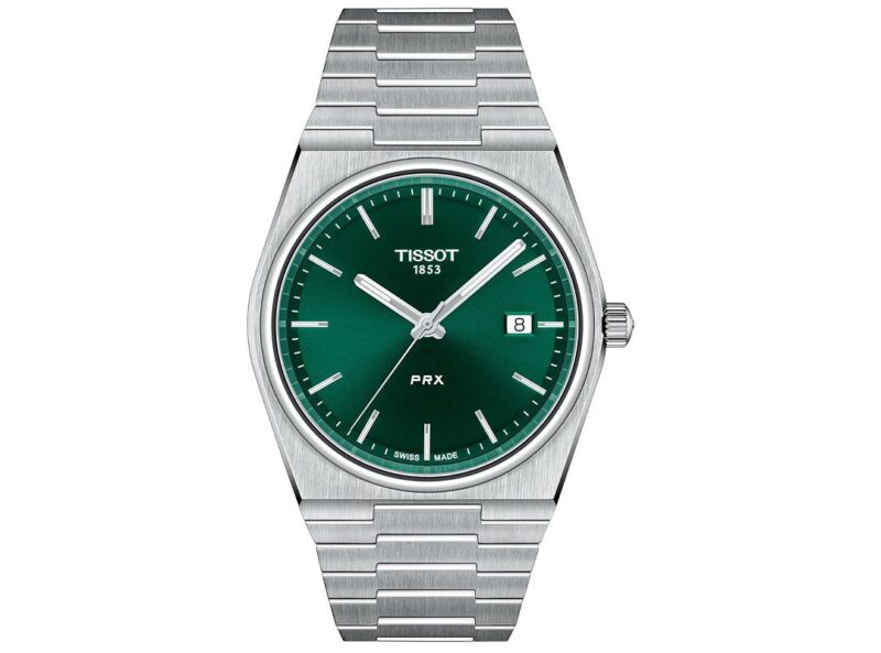 The Tissot PRX watch, part of an affordable collection under $500, features a stainless steel body with a striking green dial, silver hour markers, and a date display.