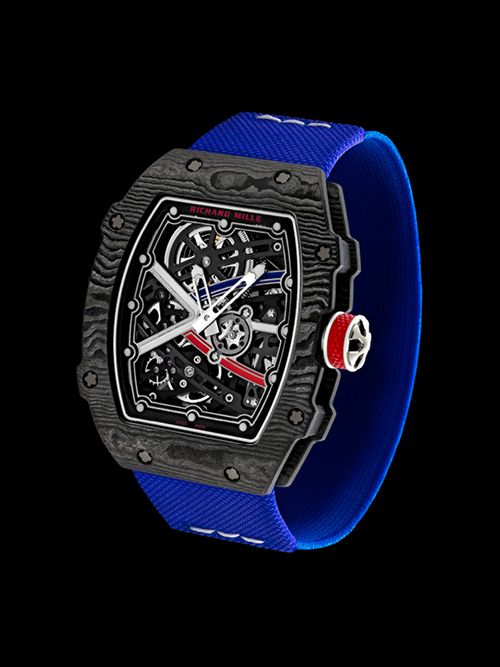 Discover the allure of a luxury wristwatch featuring a skeleton dial, red and white accents, and a blue strap against a black background. It's the perfect addition to your collection of timeless treasures, capturing elegance akin to Monterey Car Week's prestigious car events.