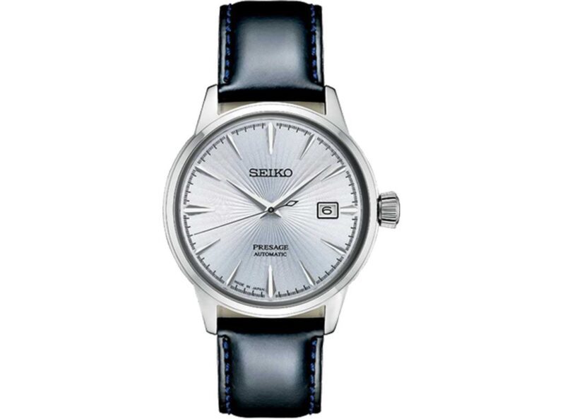 Discover the Seiko Presage automatic watch with a silver dial, black leather strap, and date window at 3 o'clock. It's an ideal choice to start your collection of affordable watches, perfectly priced under $500.