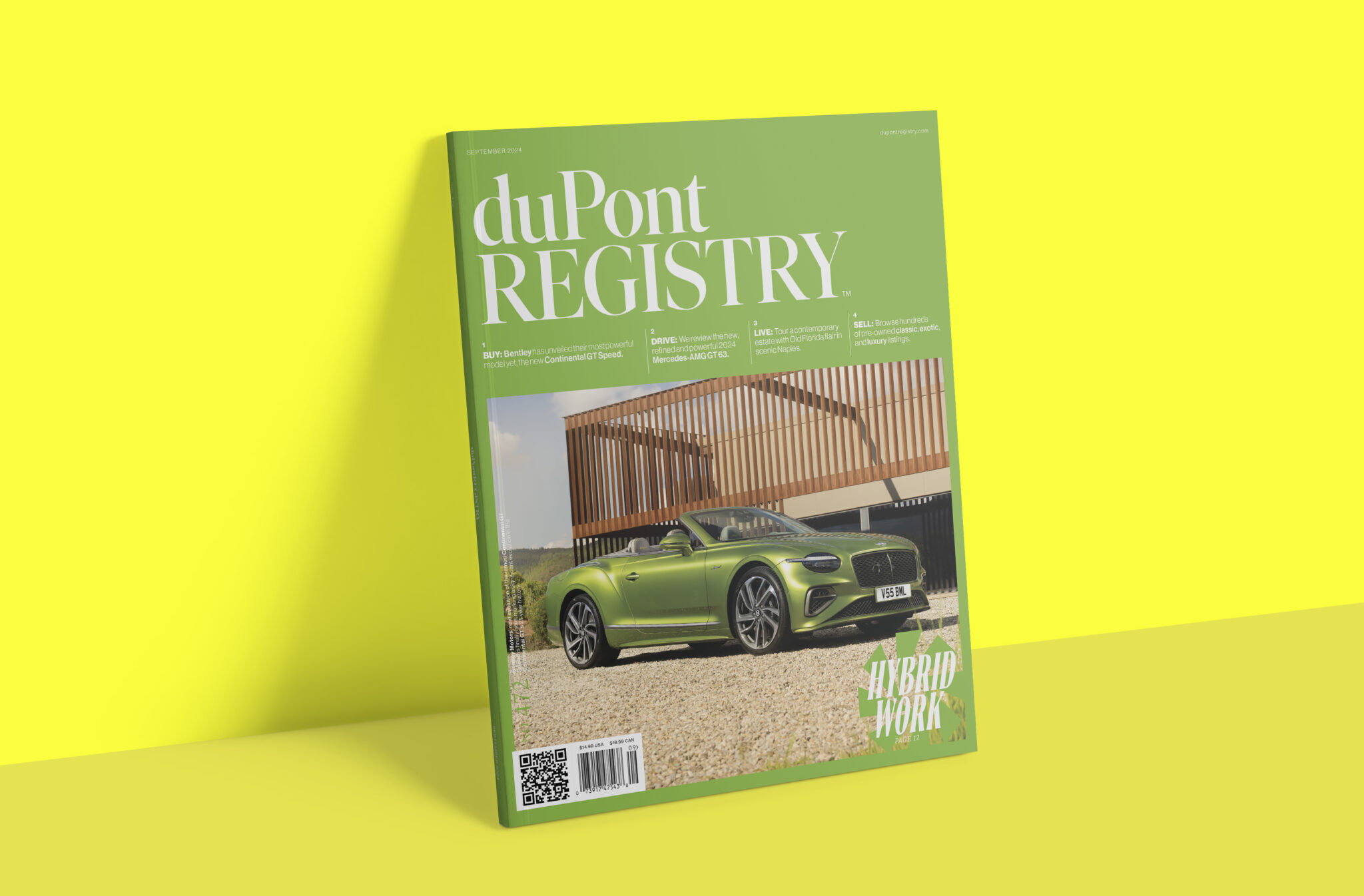 Green cover of duPont Registry magazine featuring a sleek green convertible parked in front of a modern wooden building, capturing the essence of "Hybrid Power." Perfect for the automotive elite, this could seamlessly make it to an Upper Echelon event like the Pebble Beach Concours d'Elegance.