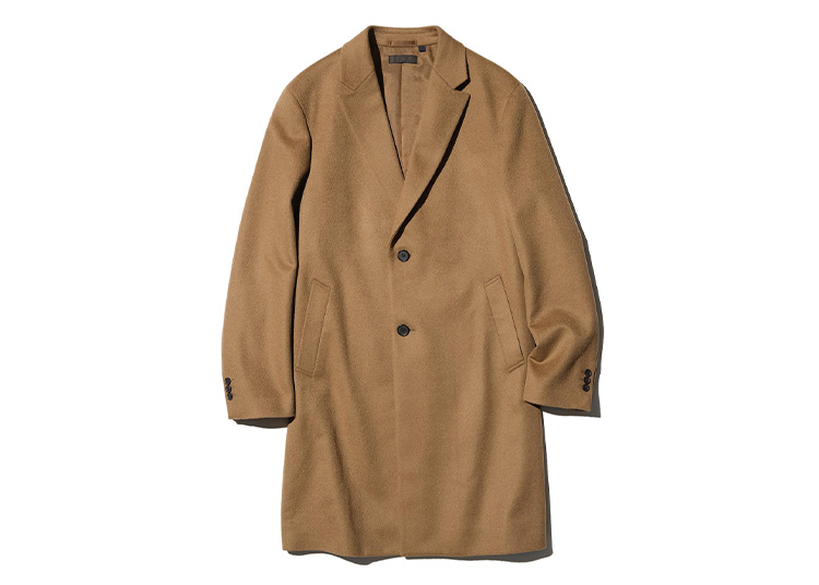 A brown wool overcoat with two buttons and side pockets, perfect for cooler months, displayed against a plain white background.