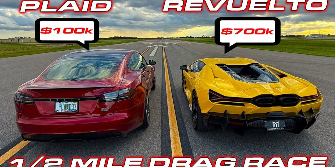 A red Tesla Plaid and a yellow Lamborghini Revuelto line up side by side on the track, ready for an electrifying half-mile drag race. Price tags flash: $100k for the Tesla and a cool $700k for the Lamborghini.