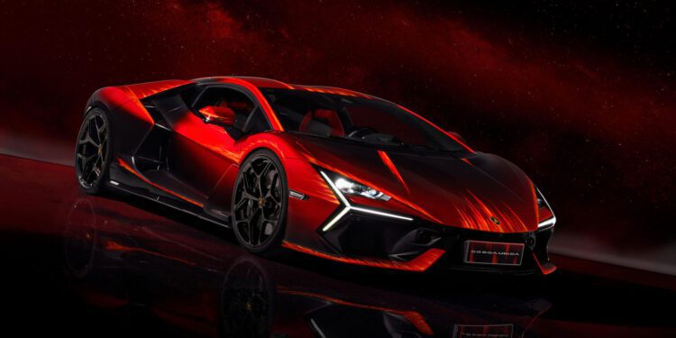 A sleek, red sports car with angular design and black accents, the Lamborghini Revuelto Opera Unica, stands out against a dark, starry background as a breathtaking one-off masterpiece.