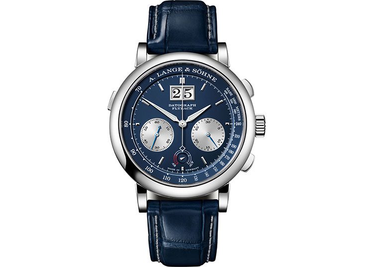 Discover the epitome of elegance with this 2024 luxury wristwatch, featured in the duPont REGISTRY. It showcases a blue dial, silver subdials, and a black leather strap, with "A. Lange & Söhne" proudly displayed at the top. A true highlight for any Luxury Watch Guide enthusiast.