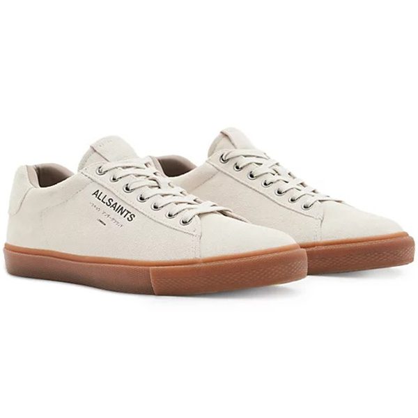 Discover a pair of light gray sneakers with gum rubber soles, showcasing the "ALLSAINTS" logo on the side. Keep an eye on duPont REGISTRY for the biggest savings and Black Friday 2024 deals to snap them up at an unbeatable price.