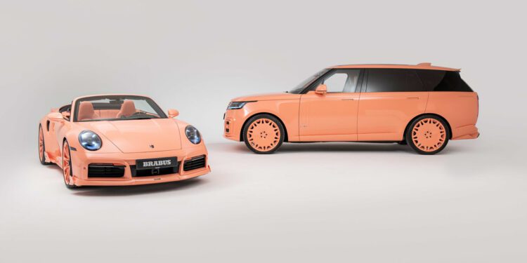 Two peach-colored luxury cars: a convertible sports car and an SUV, both from the exclusive 900 Peetch series, parked side by side on a light gray background.