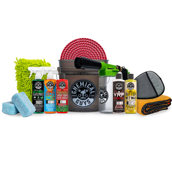 Car cleaning kit featuring an array of Chemical Guys products, including solutions, sponges, a bucket, and microfiber towels delightfully arranged on a white background. Watch for the Biggest Savings this Black Friday 2024 in duPont REGISTRY!