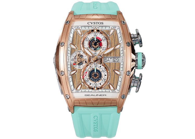 This luxury watch impresses with its rose gold case, wood-patterned dial, and turquoise rubber strap. As featured in duPont REGISTRY's watch guide, the Cvstos Sealiner offers a sophisticated multi-function chronograph for discerning collectors.