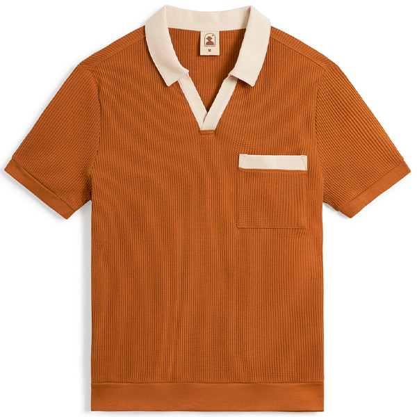 Enjoy the classic style of this brown short-sleeve knit shirt, accented with a white collar and trim, complete with a convenient pocket on the left chest. Don't miss out on the biggest savings during Black Friday 2024.