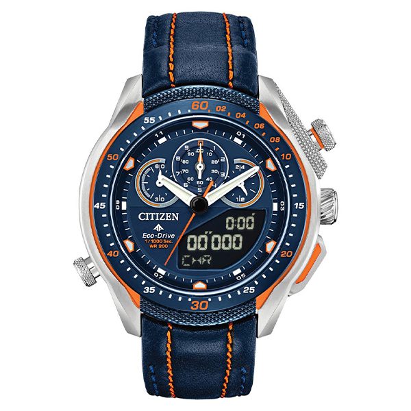 Discover the stylish blue and orange Citizen Eco-Drive wristwatch, featured in duPont REGISTRY. Boasting a leather strap, analog and digital displays, and multiple dials, it's the epitome of elegant innovation. Keep an eye out for Black Friday 2024 to catch the biggest savings!