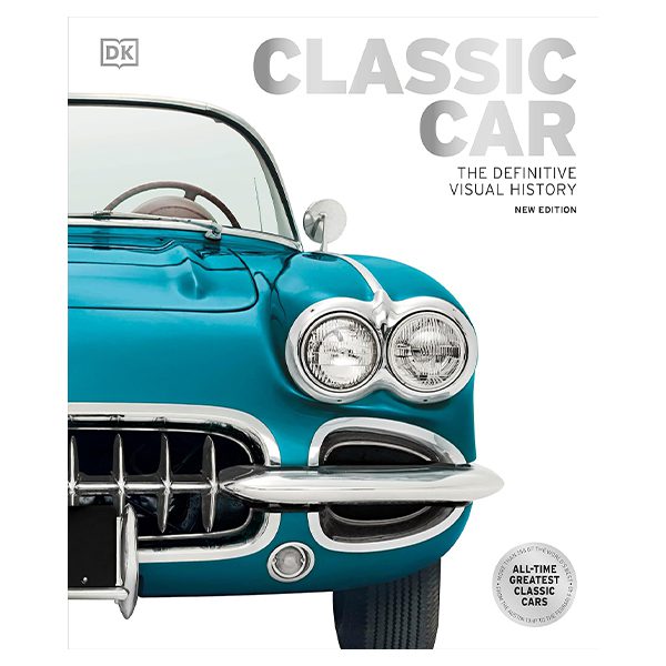 Close-up of a vibrant blue classic car with chrome details gracing the cover of "Classic Car: The Definitive Visual History" book. Available for Black Friday 2024, don't miss the biggest savings featured on duPont REGISTRY's exclusive offers.