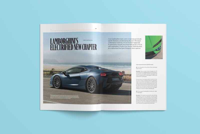 The December 2024 issue of duPont REGISTRY showcases a stunning image of a blue Lamborghini sports car on a coastal road, highlighting "Lamborghini's Electrified New Chapter"—a must-read alongside the Gift Guide.