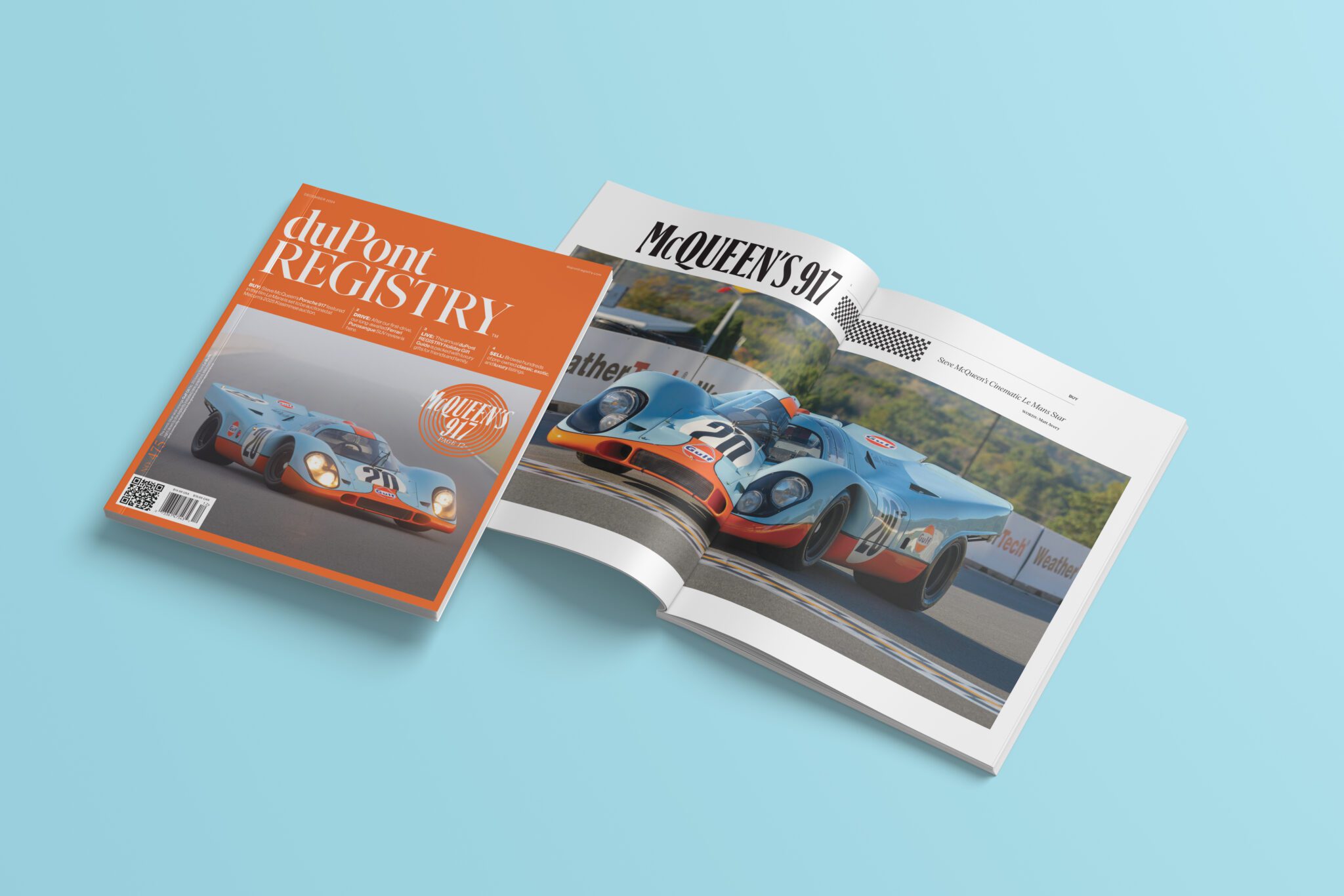 A duPont REGISTRY magazine rests on a blue surface. The cover showcases a race car, while an open page reveals another image labeled "McQueen's 917." Dive into the upcoming Black Friday 2024 for the biggest savings on luxury cars and more.