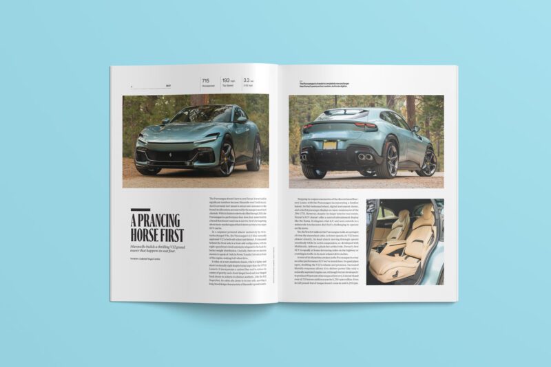 In the December 2024 Gift Guide Edition of duPont REGISTRY, an open magazine showcases a luxury car, with stunning images of its exterior and interior against a light blue background.