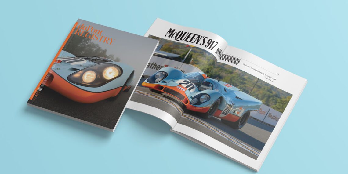 Two magazines are displayed on a light blue surface—one closed, showcasing a racing car, perfect for the discerning reader's December 2024 wish list. The other is open to reveal "McQueen's 917" roaring down the track, offering a taste of duPont REGISTRY's ultimate gift guide.