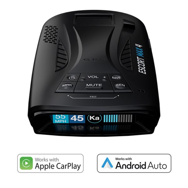 Discover the sleek black radar detector with Escort MAX 4 branding, showcasing speed and signal, perfectly compatible with Apple CarPlay and Android Auto. Stay tuned for duPont REGISTRY's Biggest Savings event this Black Friday 2024 for exclusive deals!