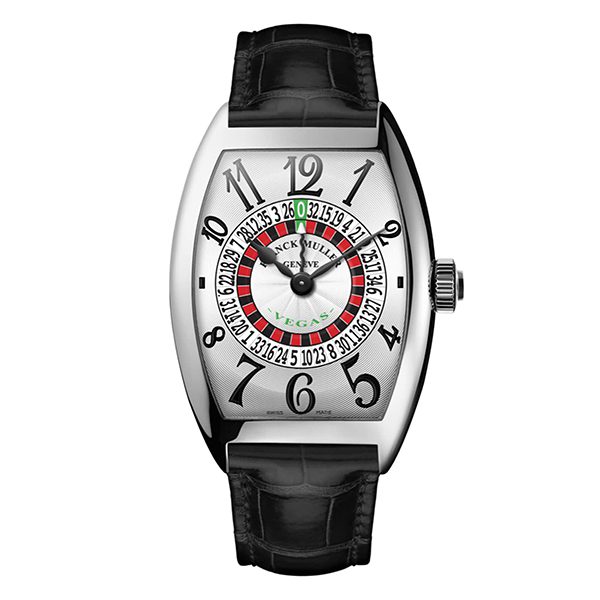 Discover a wristwatch with a black leather strap, showcasing a colorful roulette wheel dial and black numeral hour markers. Perfect for Black Friday 2024, this piece offers the biggest savings and style featured in duPont REGISTRY.