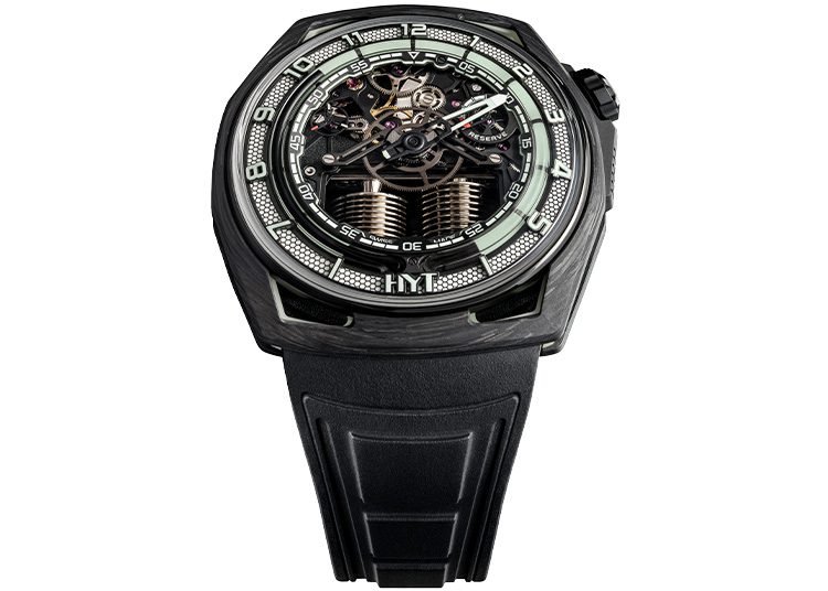 A black luxury watch with a transparent dial exposing mechanical movements, featuring a rubber strap and bold indices, epitomizes the sophistication often highlighted in the 2024 Guide by duPont REGISTRY.