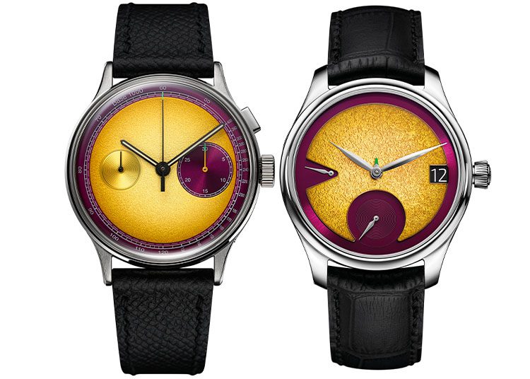 Featured in the 2024 Luxury Watch Guide by duPont REGISTRY, these two wristwatches boast black leather straps. The left showcases a yellow and purple face with a sub-dial, while the right features a similar face with a date display, epitomizing timeless elegance and sophistication.