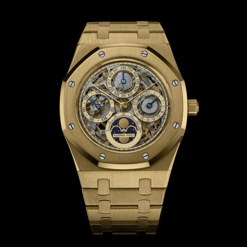 Luxury gold wristwatch with an intricate openwork face displaying multiple dials and a visible internal mechanism, resembling a masterpiece of fine jewelry, set against a black background—a true collector's item worth showcasing at any prestigious auction.