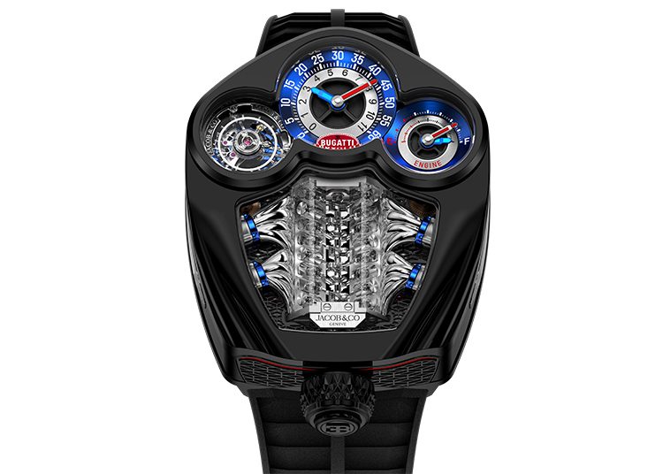 A black watch featured in the 2024 Luxury Watch Guide showcases a unique design with three dials, including a speedometer-like display and visible intricate inner mechanisms, making it a standout piece recommended by duPont REGISTRY.