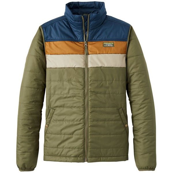 A multi-colored quilted jacket with green, blue, brown, and beige panels, featuring a high collar and a front zipper closure—perfect for scoring the biggest savings this Black Friday 2024.