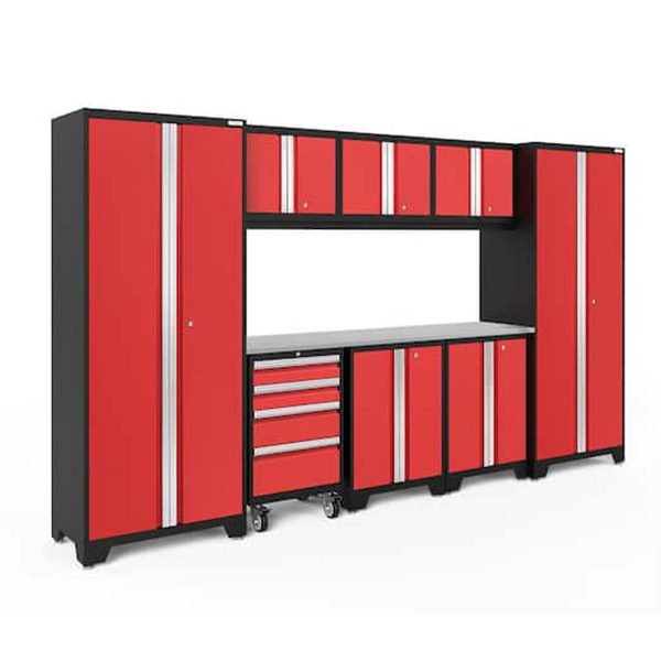 Discover the duPont REGISTRY's sleek red and black modular garage storage system, featuring tall cabinets, wall cabinets, and a rolling tool cabinet beneath a work surface. Shop now for the biggest savings anticipated this Black Friday 2024.