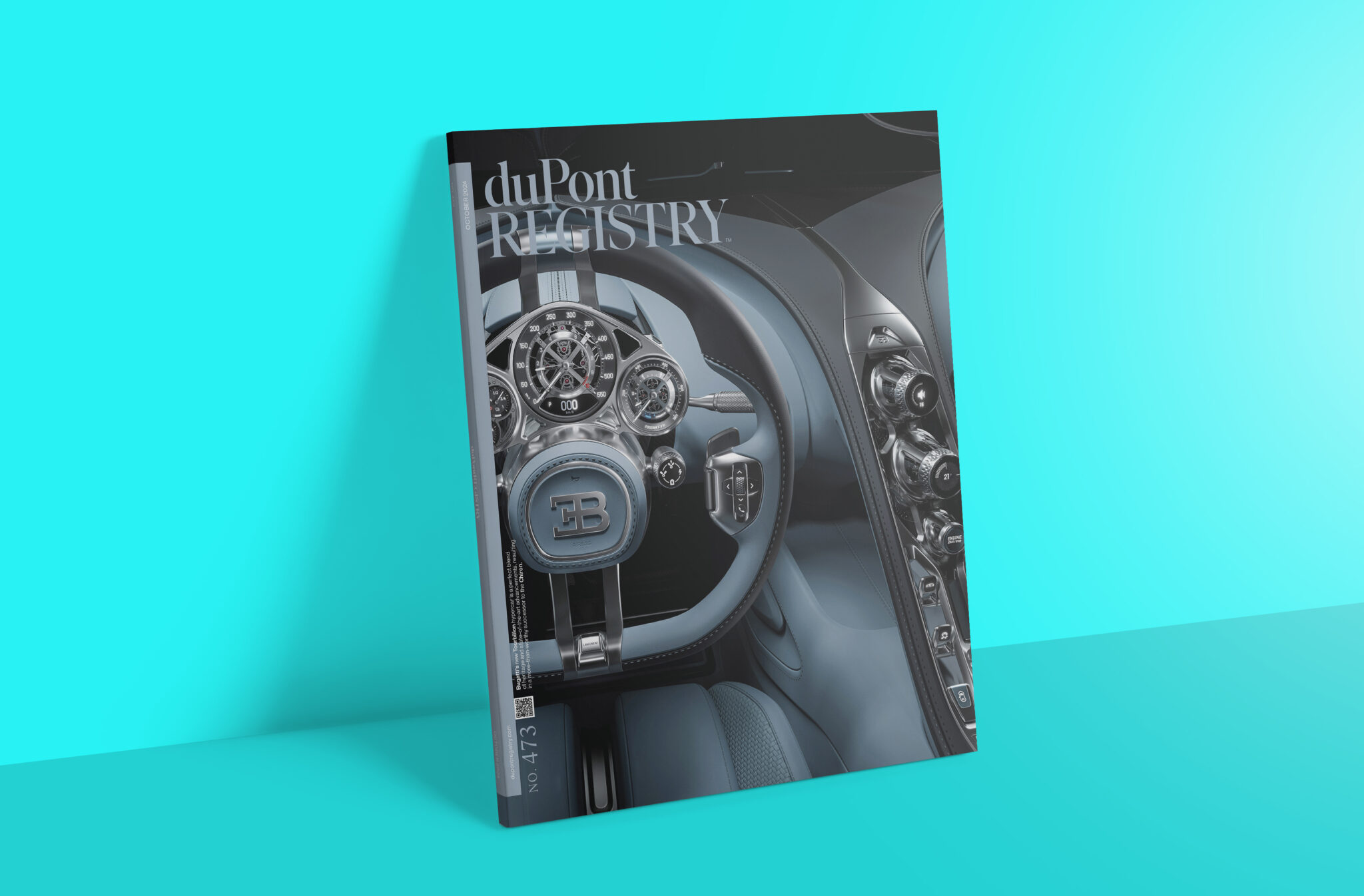 Cover of duPont Registry magazine issue 41.3, featuring a luxury car steering wheel and dashboard, complemented by an elegant automotive watch design against a blue background.