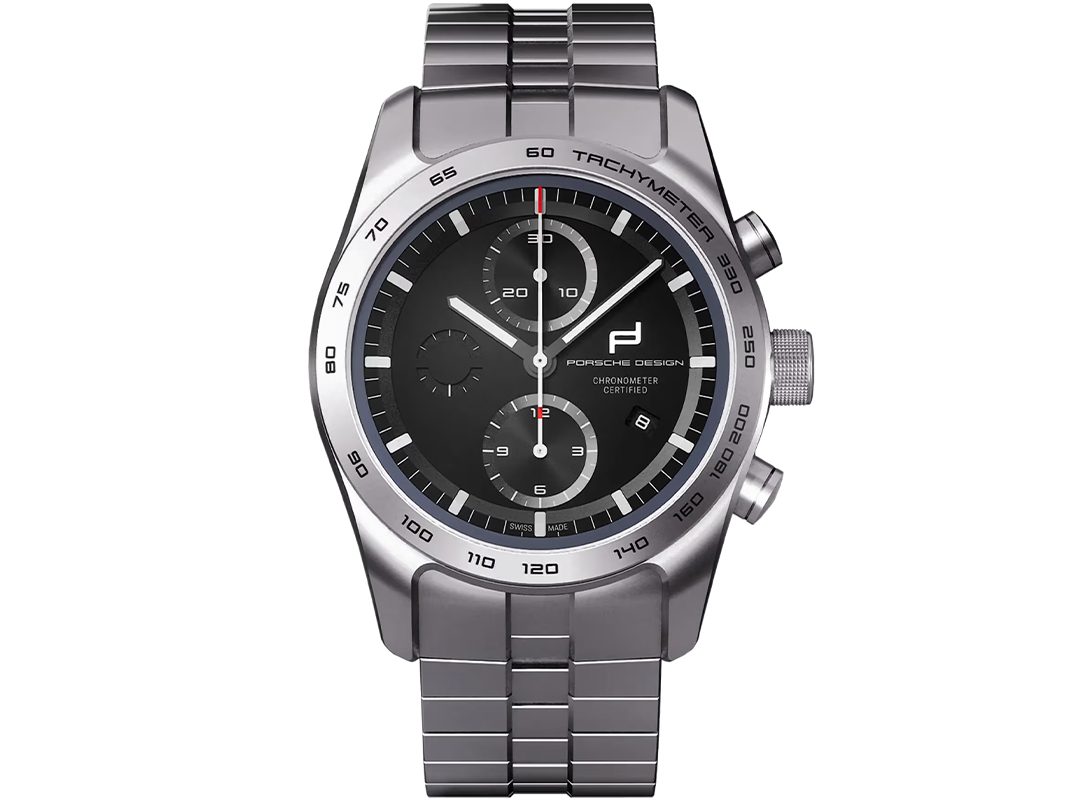 A stainless steel Porsche Design chronograph wristwatch with a black dial, three subdials, date window, and tachymeter scale on the bezel—a standout among luxury watches.