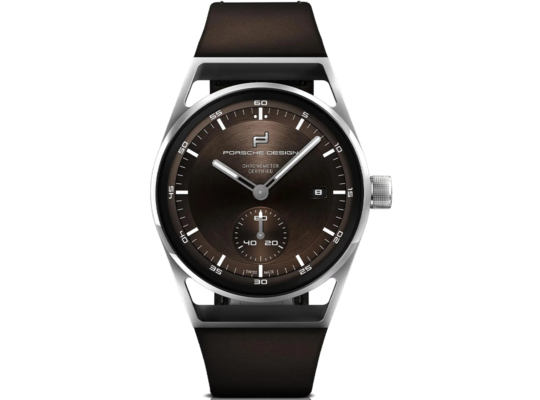 A Porsche Design Watches wristwatch with a brown dial, silver markers, a small seconds subdial at 6 o'clock, and a black leather strap.