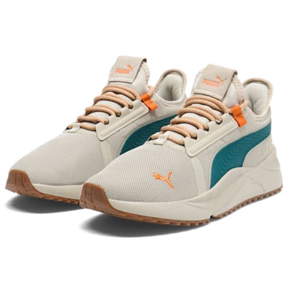 A pair of beige and teal athletic sneakers with brown soles and orange logo accents, perfect for snagging the biggest savings during Black Friday 2024.