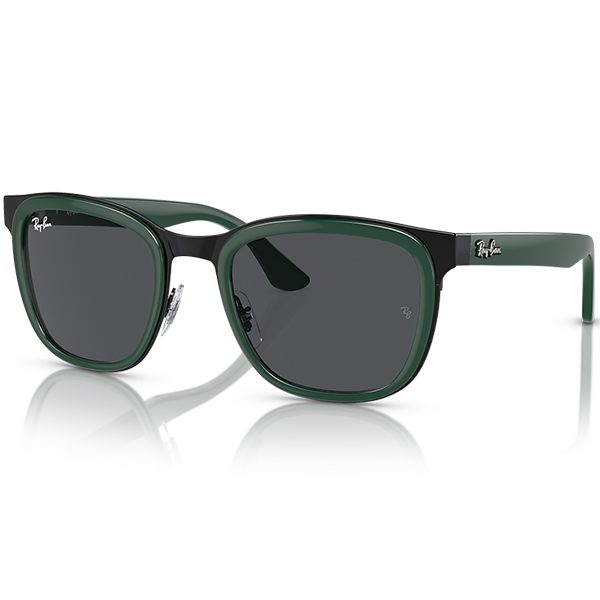 Green and black sunglasses with dark lenses, featuring the Ray-Ban logo on the temples and lenses. Discover these stylish shades in duPont REGISTRY and enjoy the biggest savings during Black Friday 2024.