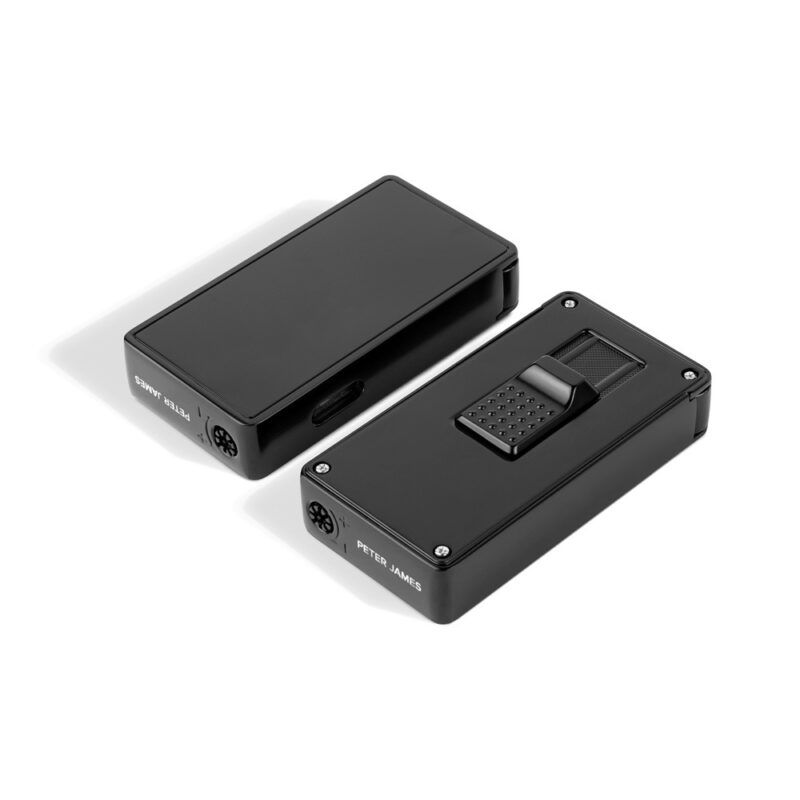 Two black rectangular electronic devices with connectors and a textured button on one, exuding the allure of luxury accessories. White text elegantly labels the devices as "PETER JAMES" and "ENMY HALL." The sleek design is now for sale against a plain white background.