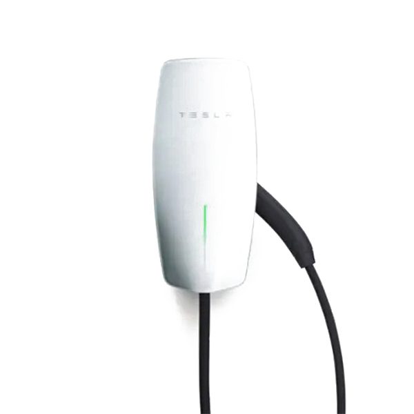 A white Tesla electric vehicle wall charger with a sleek black cable is featured against a plain background, earning its spot among duPont REGISTRY's Top Picks for Black Friday 2024.