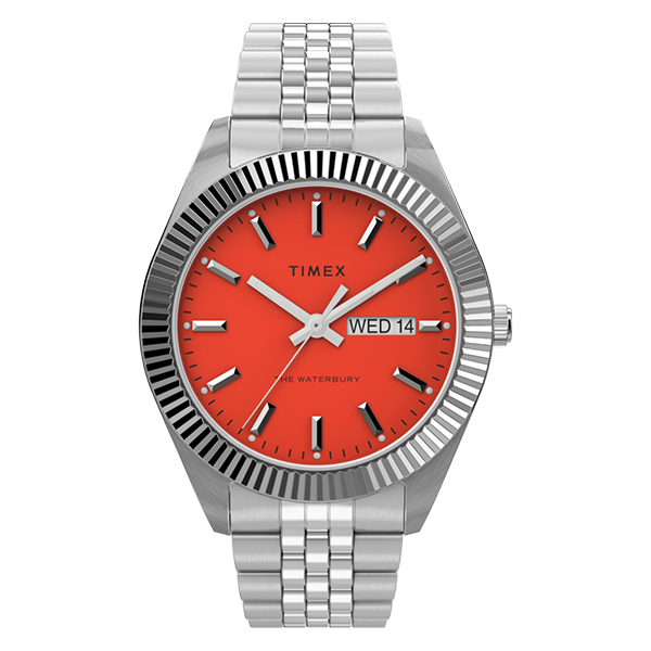 A top pick from the duPont REGISTRY, this silver Timex wristwatch features a striking red face, showcasing the day and date as "WED 14." With its metallic band and sleek hour markers, it's a standout piece for the Black Friday 2024 deals.