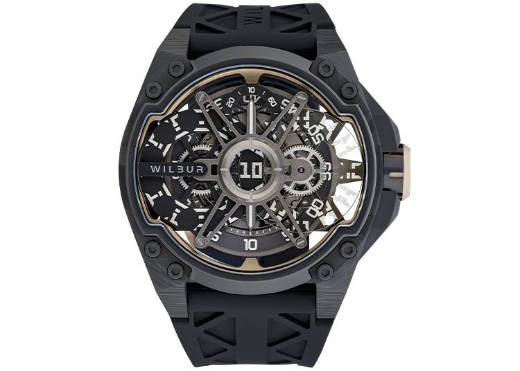 A luxury watch with an intricate exposed gear design, this black wristwatch showcases a visible central mechanism and metallic accents, embodying elegance worthy of a duPont REGISTRY mention.