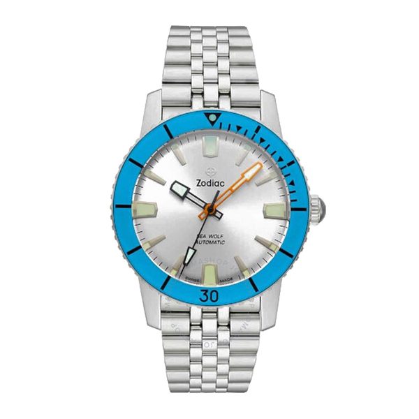 Discover the Zodiac Sea Wolf automatic watch, featuring a silver dial, blue bezel, and sleek silver metal bracelet. Don't miss the biggest savings during duPont REGISTRY's Black Friday 2024 event!