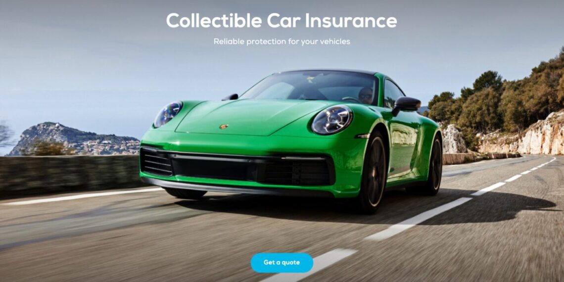 A green exotic sports car cruises along a coastal road. The text reads, "Collectible Car Insurance - Reliable protection for your vehicles." A "Get a quote" button is visible at the bottom.