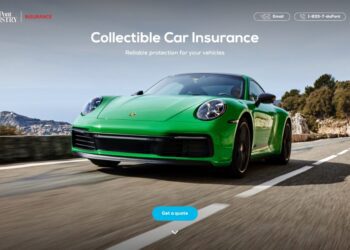 A green exotic sports car cruises along a coastal road. The text reads, "Collectible Car Insurance - Reliable protection for your vehicles." A "Get a quote" button is visible at the bottom.