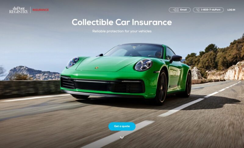A green exotic sports car cruises along a coastal road. The text reads, "Collectible Car Insurance - Reliable protection for your vehicles." A "Get a quote" button is visible at the bottom.