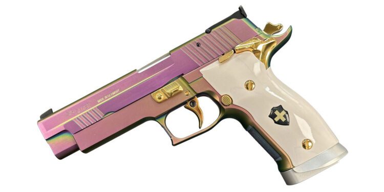 A vibrant, iridescent handgun adorned with a pearl-like handle and gold accents, set against a pristine white background—perfect for discerning collectors of luxury firearms.