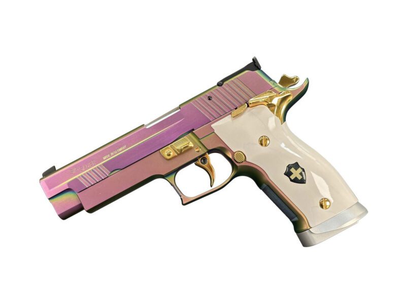 A vibrant, iridescent handgun adorned with a pearl-like handle and gold accents, set against a pristine white background—perfect for discerning collectors of luxury firearms.