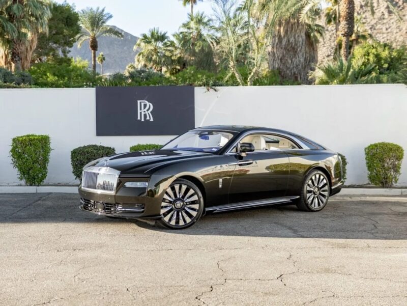 A sleek black ultra-luxe coupe is parked in front of a white wall with palm trees in the background, embodying the elegance and innovation of the Rolls-Royce Spectre.