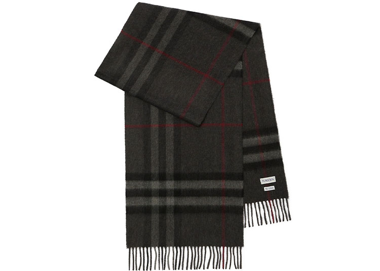 This gray check-patterned scarf with red stripes and fringed edges is a sophisticated accessory for gentlemen, perfect as one of the best luxury gifts.