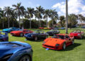 A collection of luxury sports cars displayed on a grassy field, surrounded by palm trees under a clear sky.