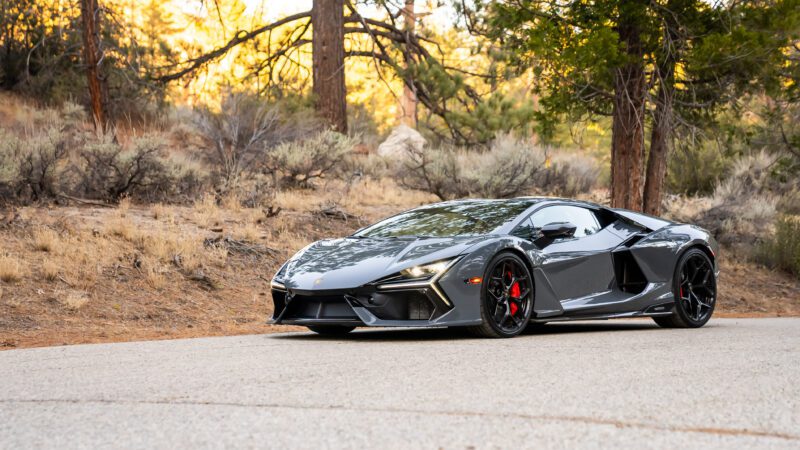 A sleek, dark gray sports car is parked on a road surrounded by trees and dry grass, with sunlight filtering through the forest.