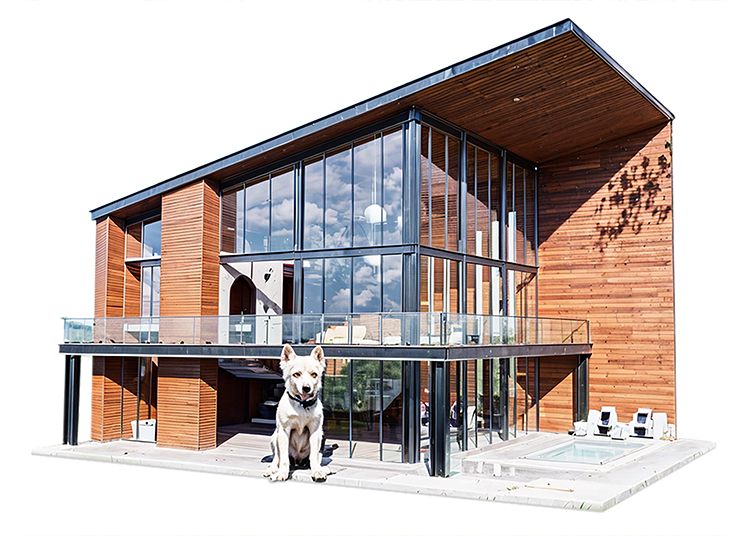 Modern two-story house with large glass windows and wood paneling, reminiscent of the sleek designs showcased in the 2024 duPont REGISTRY. It features a small pool and a white dog in the foreground, offering a glimpse into the perfect holiday gift guide setting.