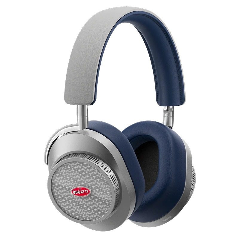 A pair of silver and blue over-ear headphones, featuring a Bugatti logo on the ear cup, offers the ultimate style upgrade. These luxury accessories are now available for sale.