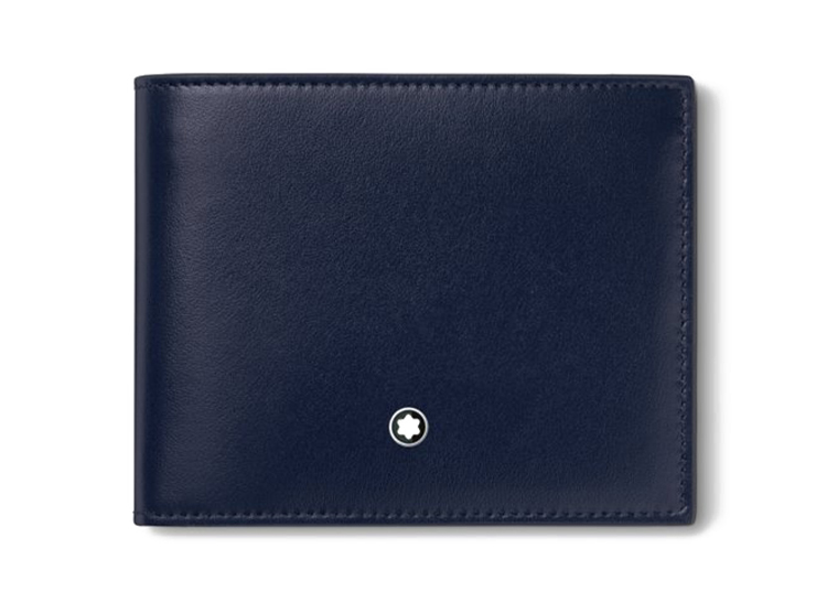 A navy blue leather wallet with a small white star emblem on the front makes for an impeccable addition to any 2024 Holiday Gift Guide.