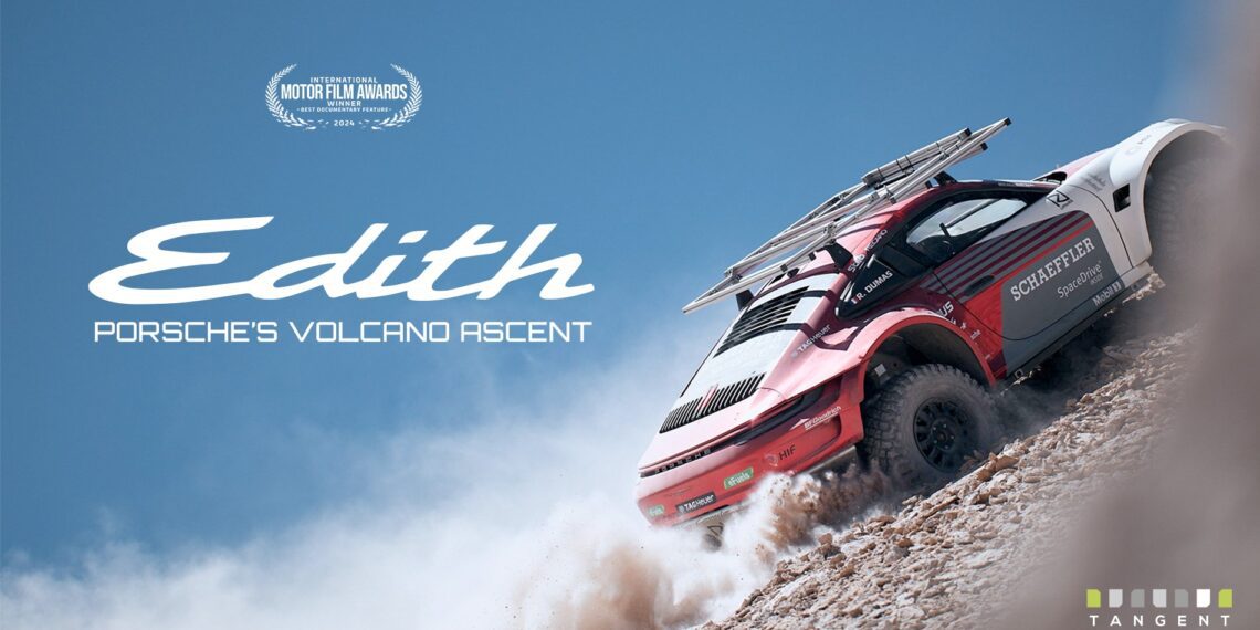 A modified Porsche car climbs a rocky volcano slope under a blue sky, with text overlay reading "Edith: Porsche's Volcano Ascent," as featured in the gripping Edith Documentary on Amazon Prime.